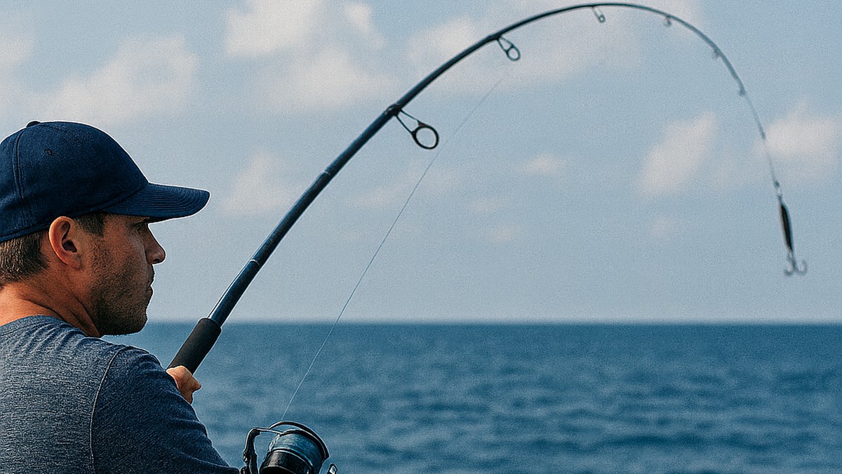 Angler fighting a powerful fish on a big offshore rod