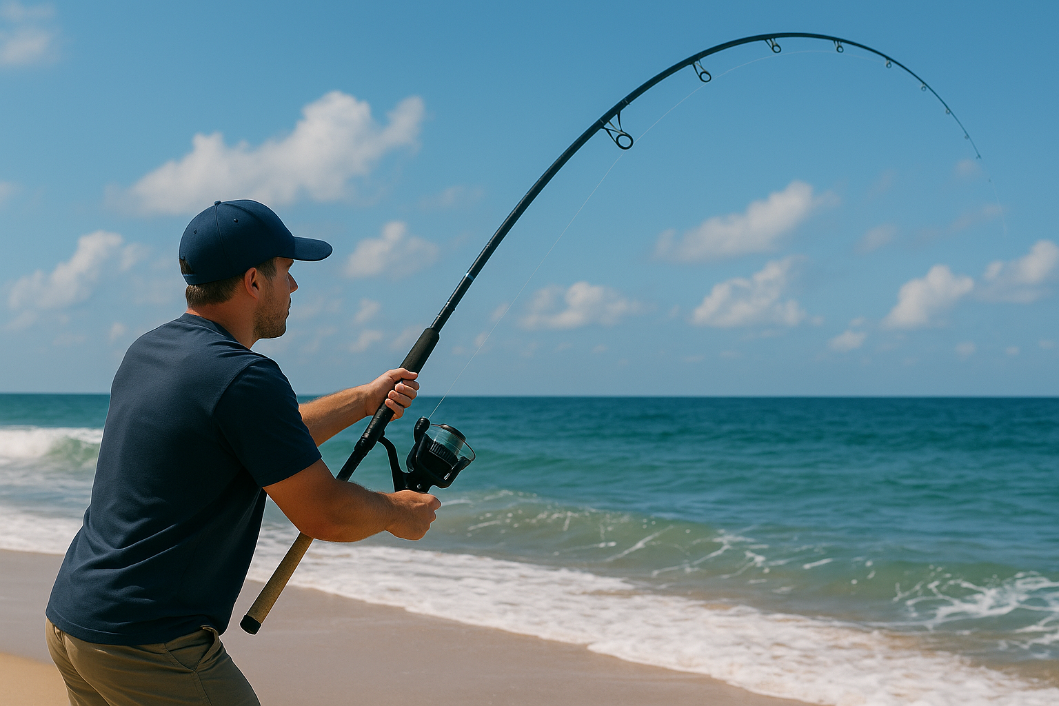 Psycho 55 surf rod casting on a sandy beach